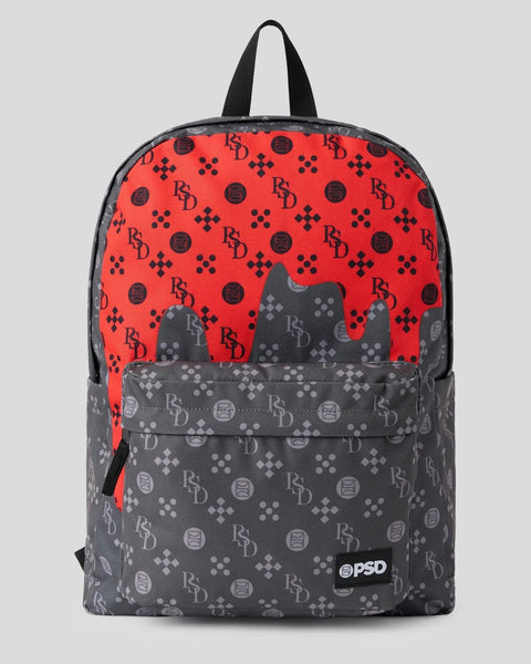 Black and red backpack with repeating logo pattern, front pocket, and black padded straps.