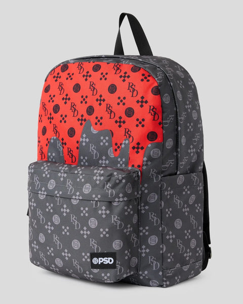 Black and red backpack with all-over monogram and geometric pattern, featuring front pocket and black shoulder straps.