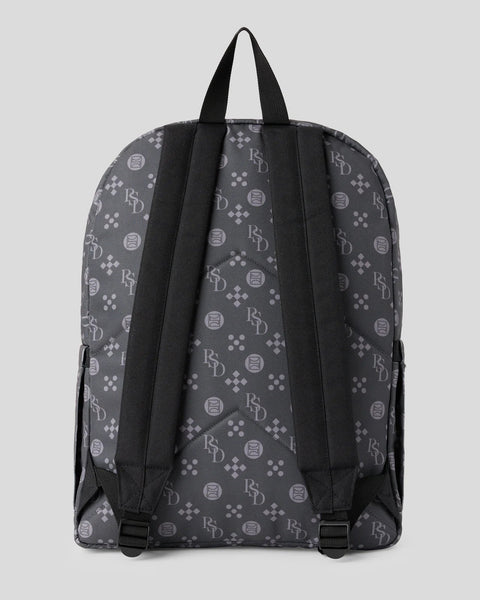Dark gray backpack with repeating monogram pattern and black straps, shown from rear view.