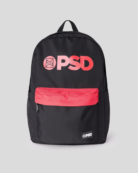 Black backpack with pink "PSD" logo on front and pink horizontal pocket stripe.