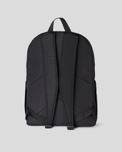 Black backpack shown from rear view with padded shoulder straps and buckle closures at base.