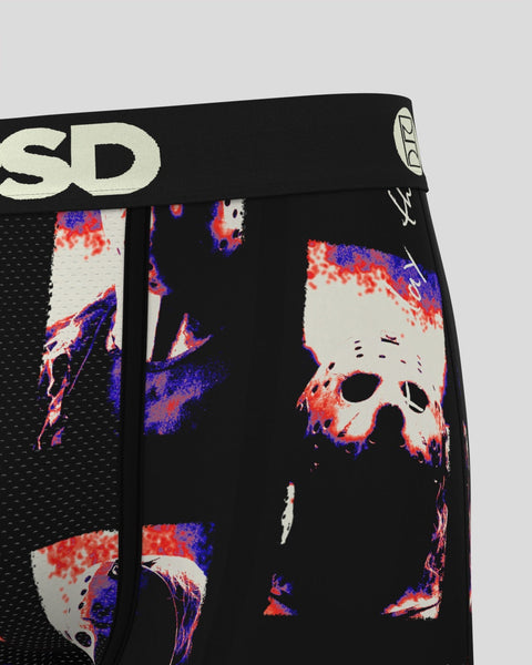 Black boxer briefs with Jason Voorhees mask print in red, blue, and white with brand waistband.