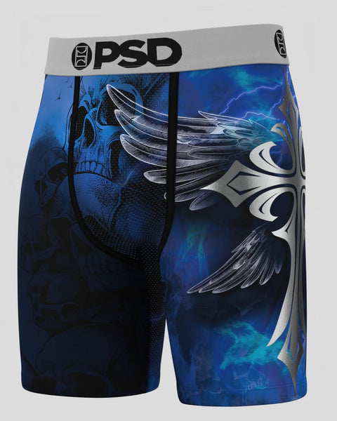 PSD boxers with blue gradient background featuring skull and wing graphic designs with silver accents.