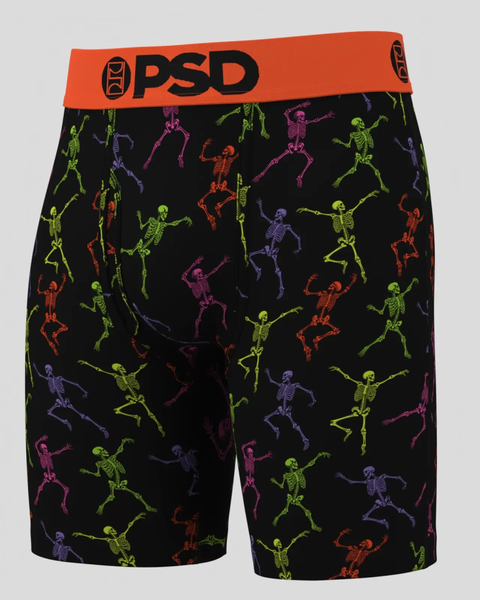 PSD boxer briefs with orange waistband and allover colorful skeleton print on black.