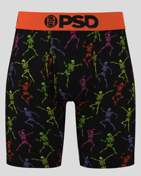 Black boxer briefs with multicolored skeleton print and orange PSD waistband.