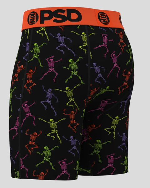 Black shorts with colorful skeleton print in neon yellow, green, purple, pink, and red; orange PSD waistband.