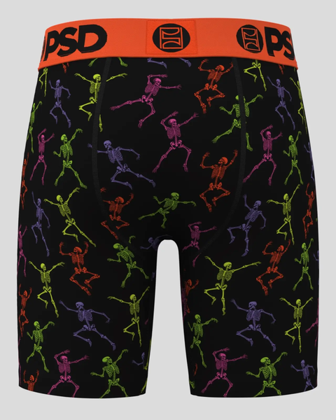 Black shorts with multicolored skeleton dance print and orange PSD waistband.