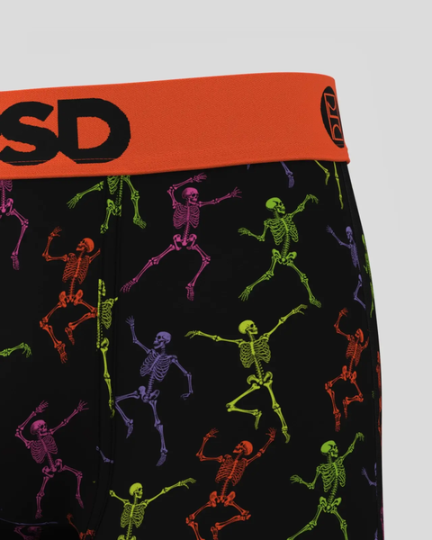 Black modal fabric with colorful skeleton figures in dancing poses and orange waistband with 