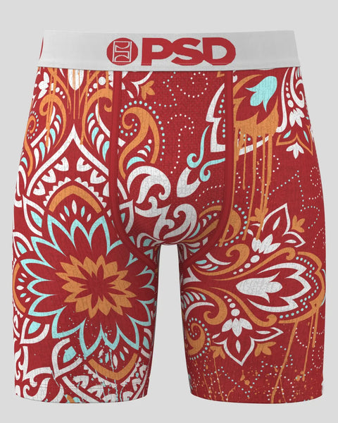 Red PSD boxer briefs with ornamental floral and scrollwork pattern in gold, white, and turquoise accents.