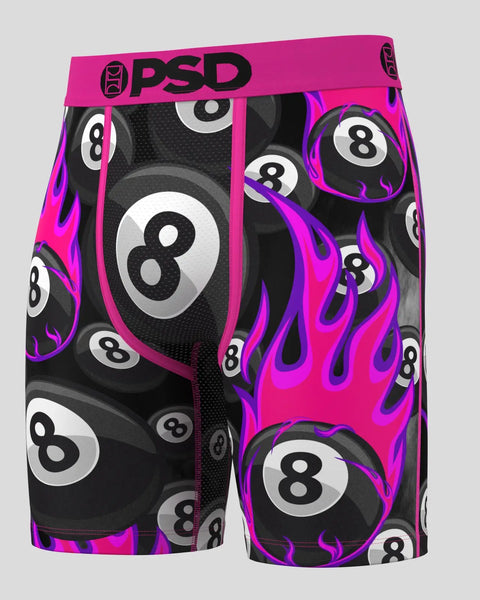 PSD brand shorts with 8 ball and flame pattern in black, magenta, and white.