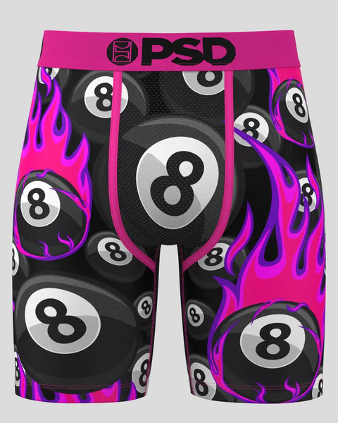 PSD brand shorts with 8 ball and flame pattern in black, pink, and purple.