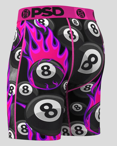 PSD boxer shorts with black 8-ball pattern, magenta and purple flames, and hot pink waistband.