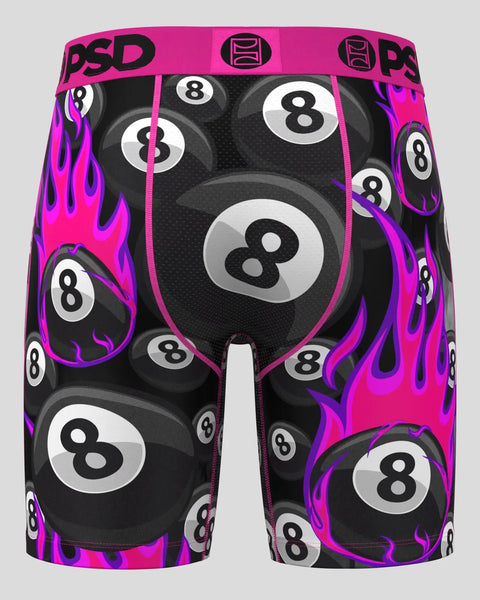 Black shorts with repeating eight ball design, pink and purple flame pattern, and PSD branding on waistband.