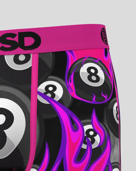 Pink shorts with 8 ball graphic design and purple flame pattern throughout.