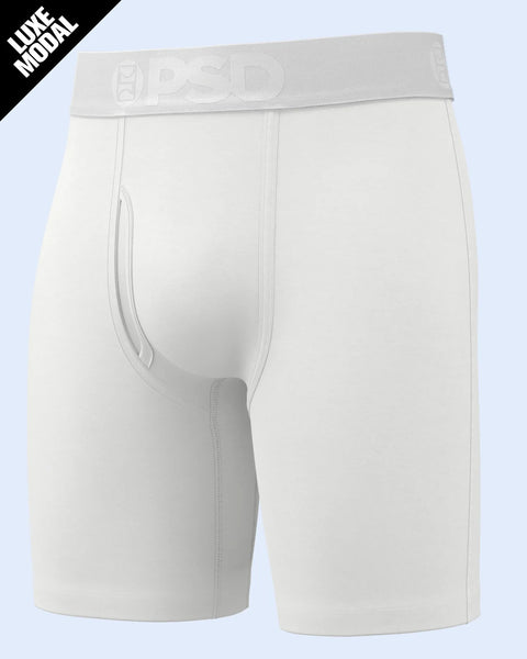White modal boxer briefs with branded waistband and fly opening.