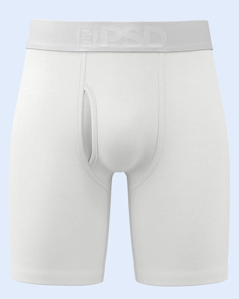 White modal boxer briefs with branded waistband and fly opening.
