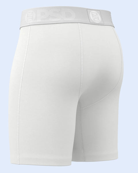 White modal shorts with branded waistband and contrast stitching, shown from back view.