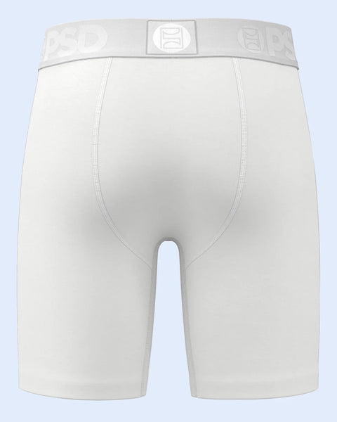 White modal boxer briefs with branded waistband and center seam detail.