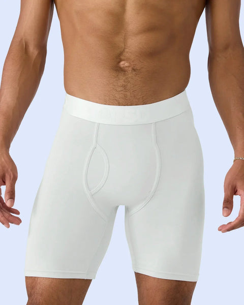 White modal boxer briefs with contoured pouch, shown on male model from waist to mid-thigh.