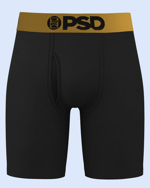 Black boxer briefs with gold PSD waistband and brand logo.