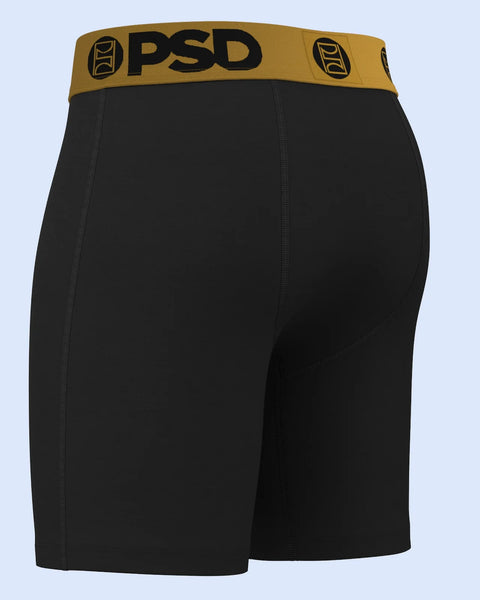 Black shorts with gold and black PSD waistband featuring logo graphic and side seams.