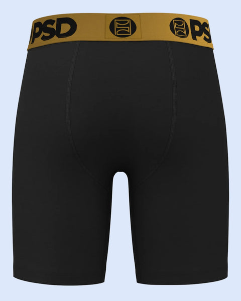 Black boxer briefs with gold PSD waistband featuring logo pattern and side seams.