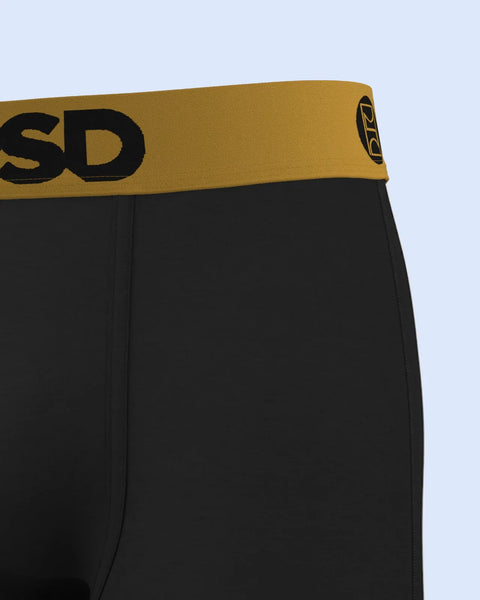 Black underwear with gold and black waistband featuring brand text and logo.