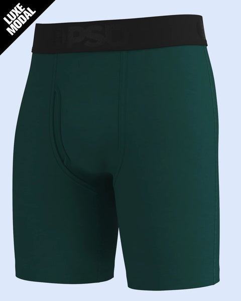 Deep green modal boxer briefs with black waistband and fly opening.