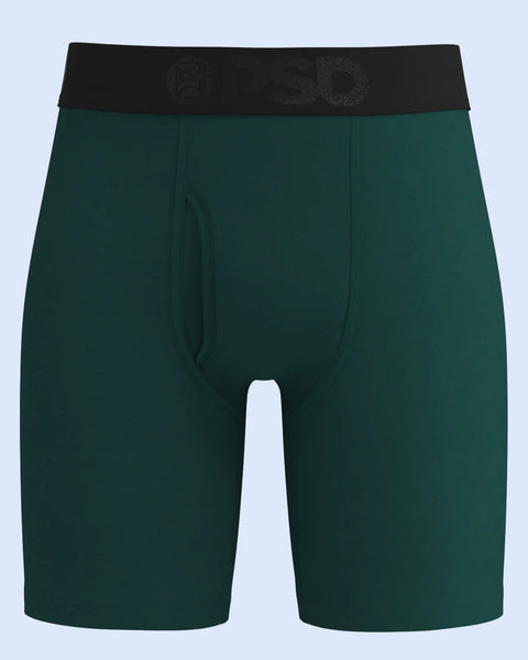 Deep green boxer briefs with black waistband and center fly seam.