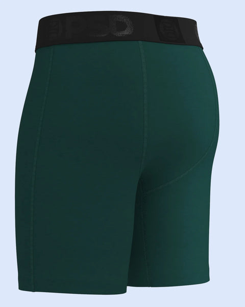Deep green modal boxer briefs with black waistband and center seam detail.