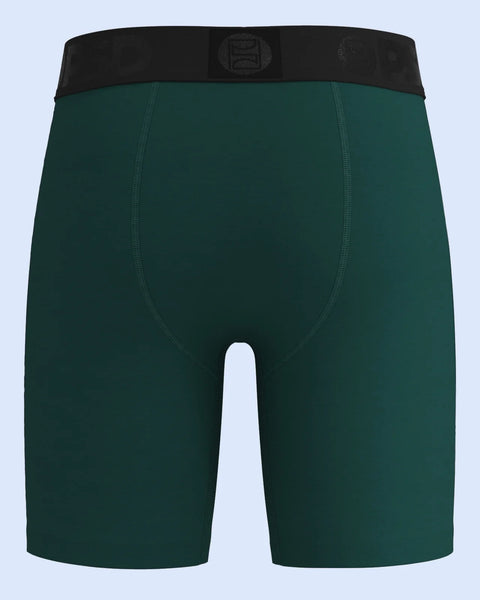 Deep green modal boxer briefs with black waistband and center seam detail.