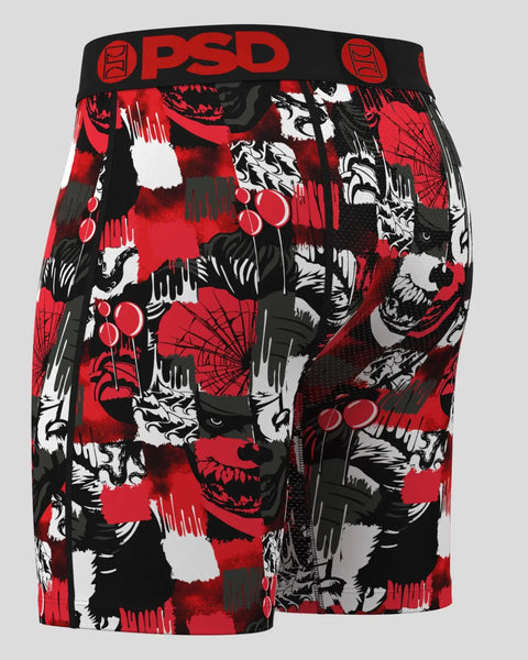PSD boxer briefs with red, black, and white checkerboard pattern featuring graphic illustrations and logo waistband.