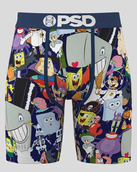 PSD SpongeBob SquarePants SpongeBoo boxer briefs with navy waistband and multicolored cartoon character print.