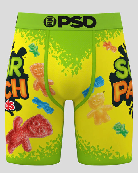 PSD boxer briefs with green waistband, yellow and green body, white front panel, and colorful Sour Patch Kids candy graphics.