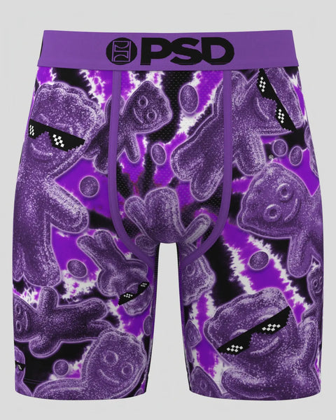 PSD purple boxer shorts with repeating Sour Patch Kids characters and pixelated sunglasses design.