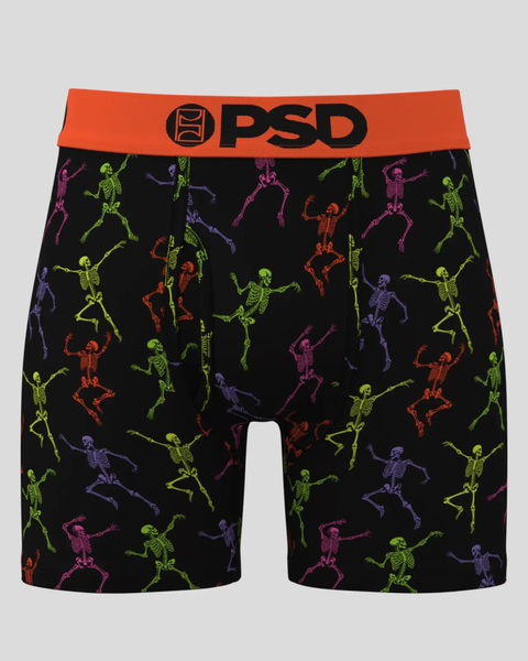Black boxer briefs with colorful skeleton pattern and orange PSD waistband.