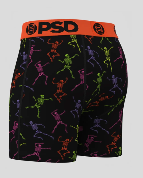 Black boxer shorts with colorful dancing skeleton print and orange PSD waistband.