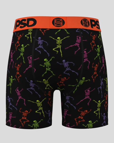 Black boxer briefs with multicolored skeleton print and orange PSD waistband.