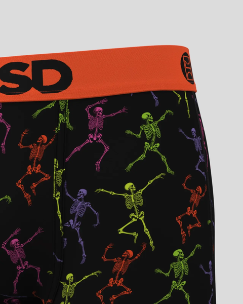 Black briefs with colorful skeleton figures in dancing poses and orange 