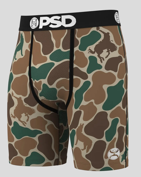OPSD men's boxer briefs in duck camouflage pattern with tan, brown, and green tones.