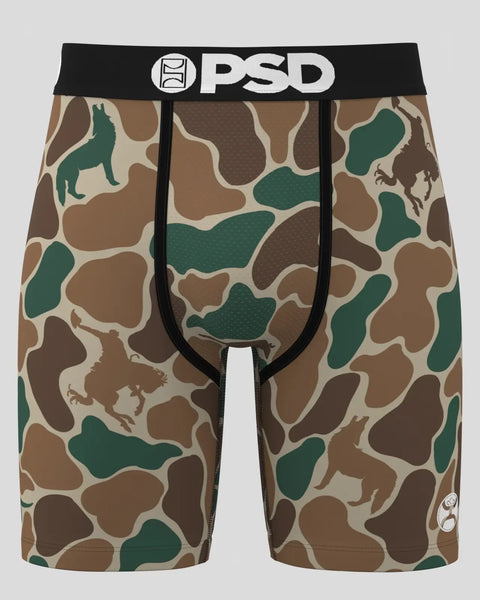 PSD boxer briefs with duck camouflage pattern in brown, tan, and green with black waistband and logo.