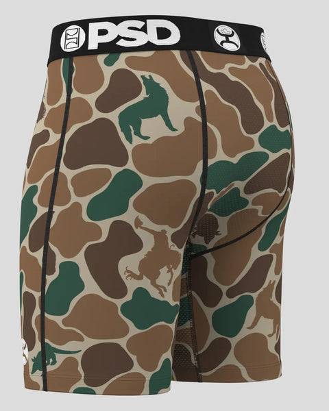 PSD men's boxer briefs in duck camouflage pattern with brown, tan, and green shapes.