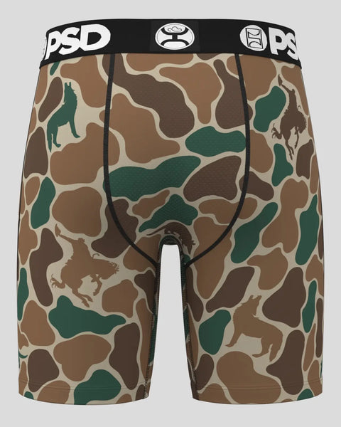 PSD brand duck camouflage boxer briefs with black waistband and dark seams.