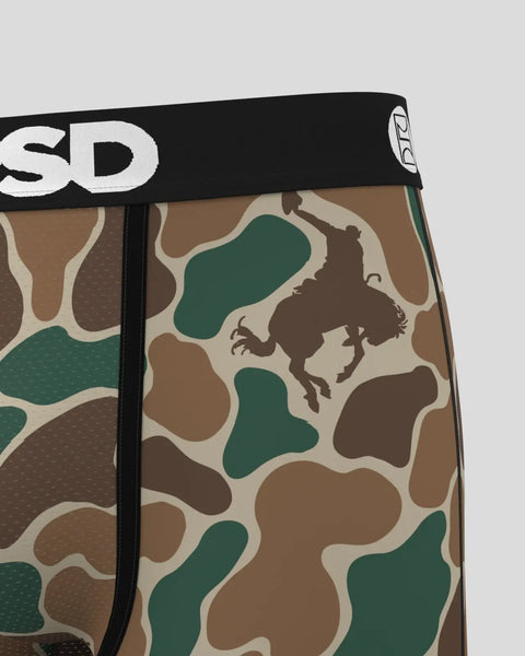 Duck camouflage pattern underwear with brown, tan, green and cream colors and black waistband with brand logo.