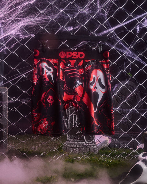Black t-shirt with red Ghostface mask print and 