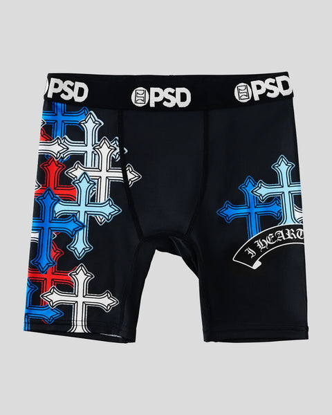 Black PSD boxer briefs with red, blue, and white cross graphics on legs and white PSD branding on waistband.