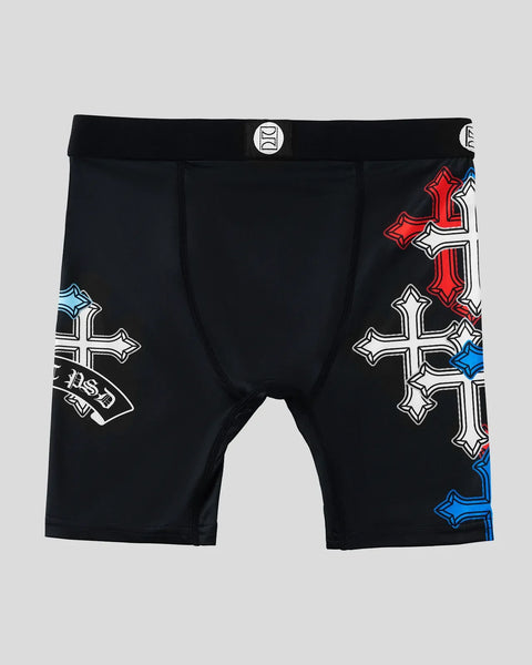 Black boxer briefs with red, white, and blue cross designs on the legs and 