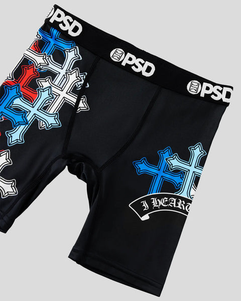 Black boxer briefs with red, blue, and white cross designs and 