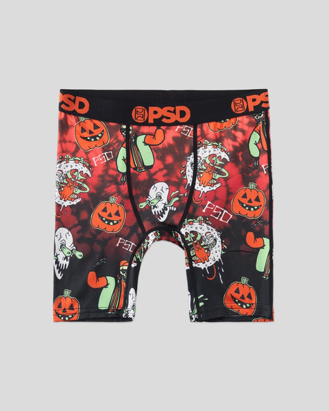 Black boxer briefs with Halloween-themed print featuring jack-o'-lanterns, ghosts, and candy corn in orange, white, and green