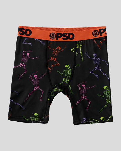 Black boxer briefs with colorful skeleton print in pink, green, and purple, orange PSD waistband.